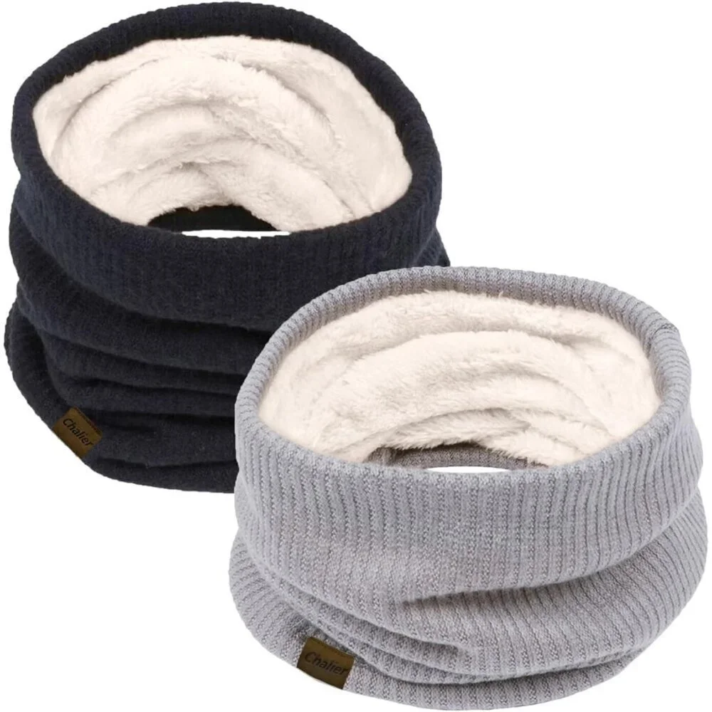 Women's H-black + grey Scarf Winter Double-Layer Neck Warmer Knit Fleece